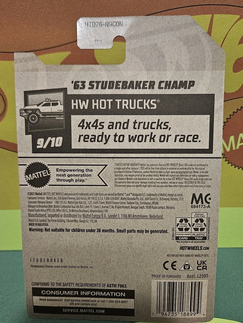 HotWheels White '63 Studebaker Pickup Truck with Blue & Green Stripes